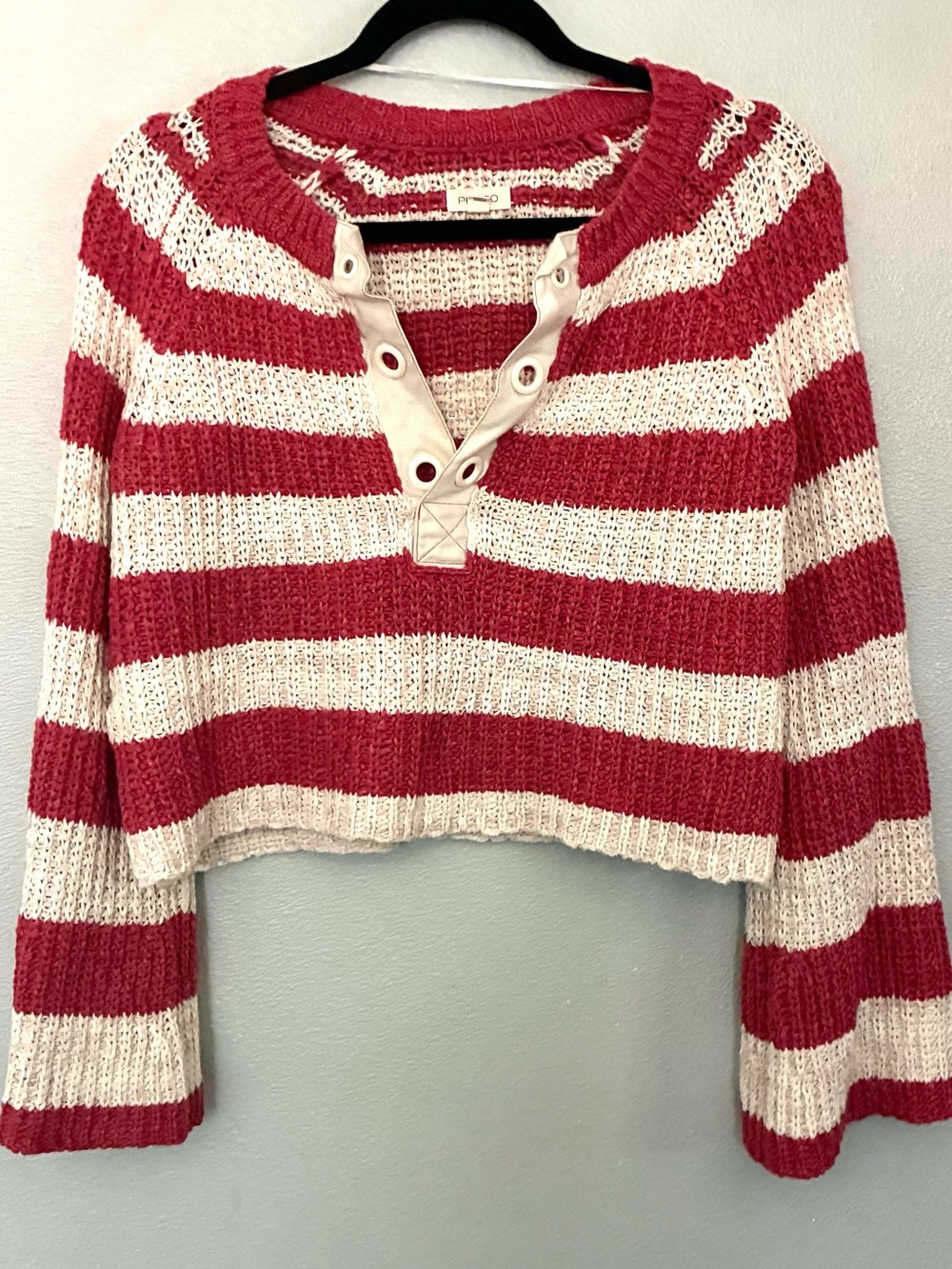Pilcro Red Cream Striped Lace Up Cropped Sweater XS
